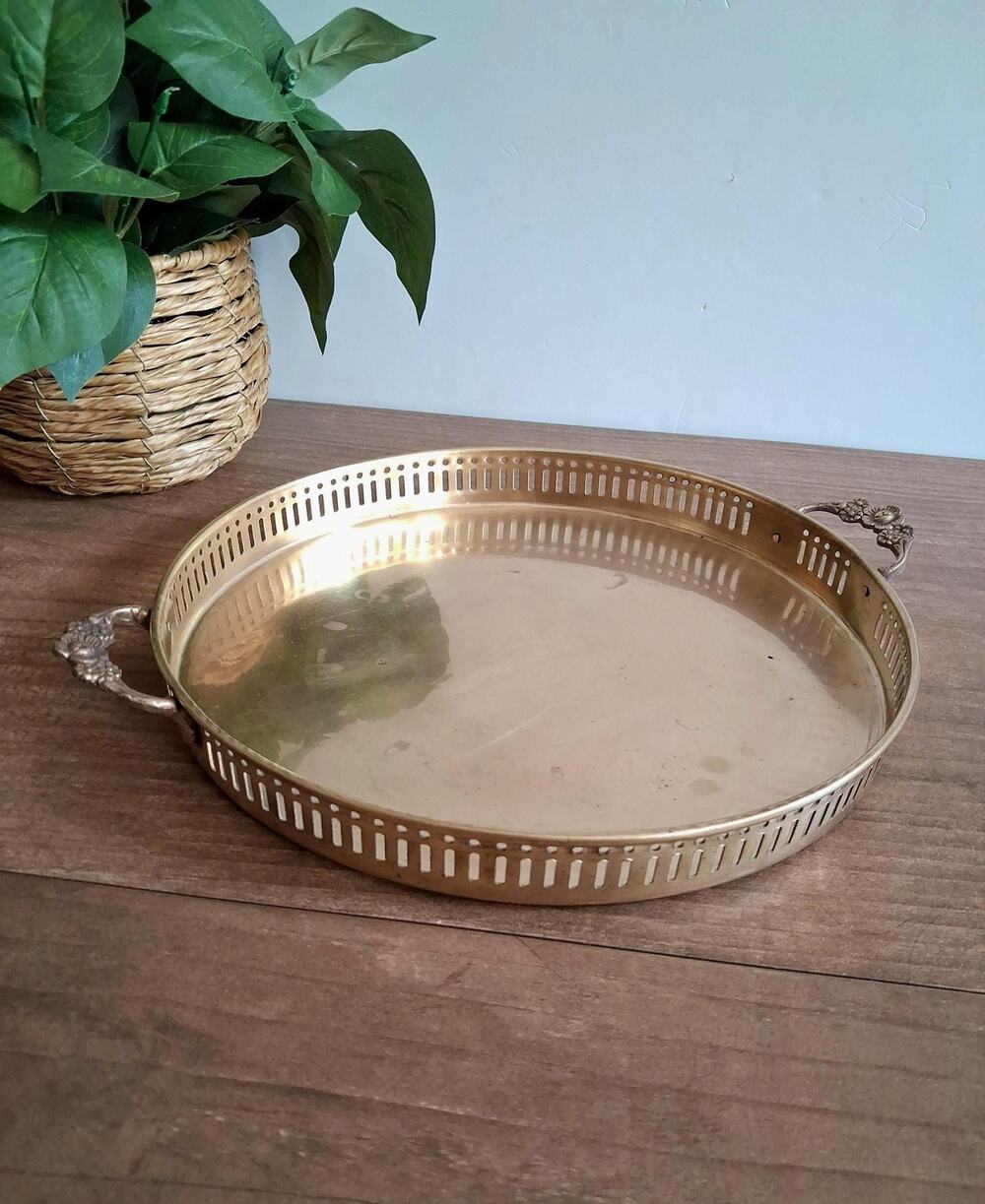 Vintage Brass Gallery Tray with Handles, Round Serving Tray, Mid Century